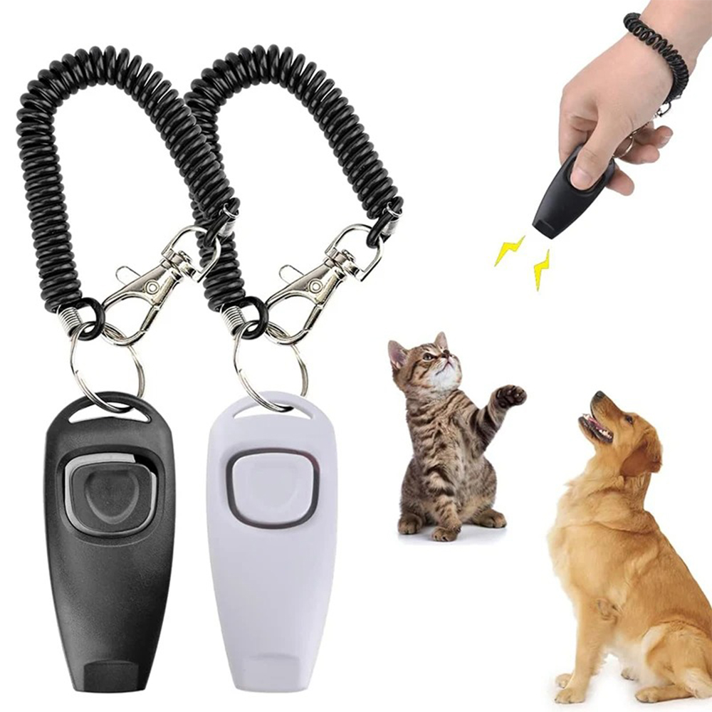 Training Clicker Dog - 2in1ペットドッグクリッカー、犬用トレーニングホイッスル、子犬の無駄吠え防止トレーニング補助ツール、キーリング付き、ペット用品